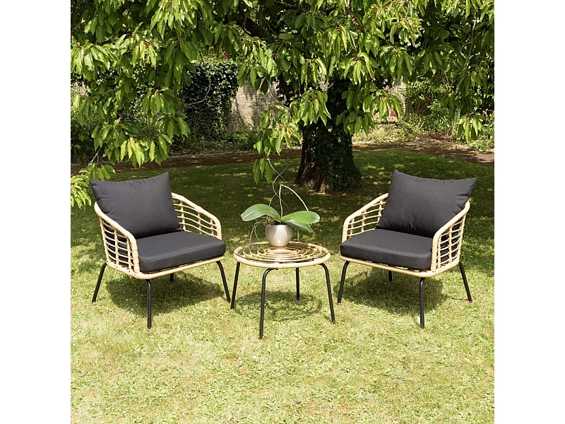 MALO - Ensemble de 2 fauteuils rotin synthétique et table basse ronde