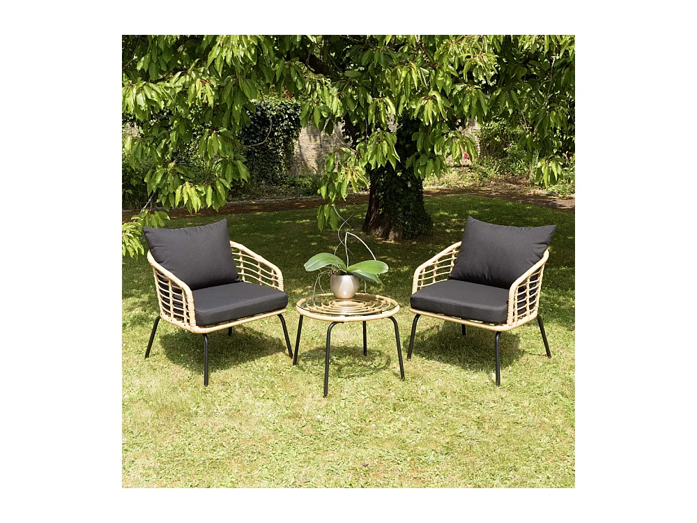 MALO - Ensemble de 2 fauteuils rotin synthétique et table basse ronde