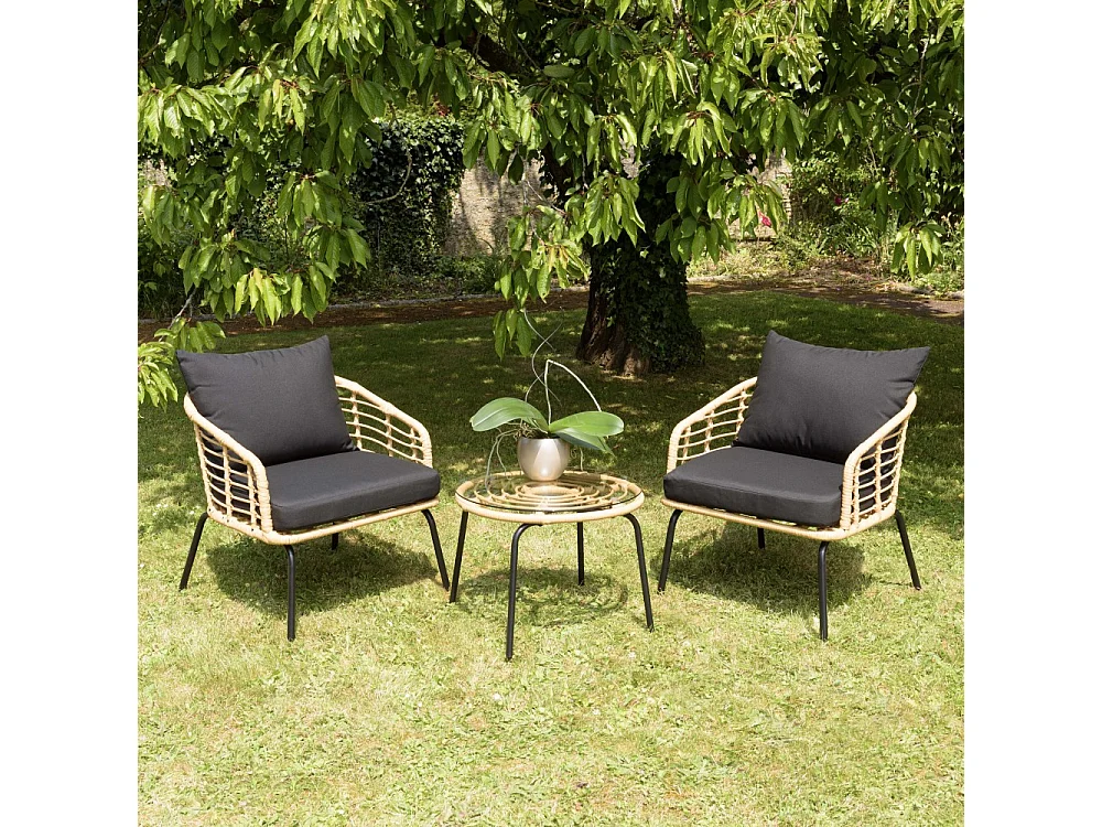 MALO - Ensemble de 2 fauteuils rotin synthétique et table basse ronde