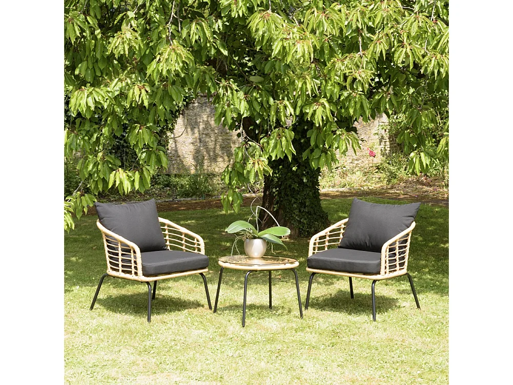 MALO - Ensemble de 2 fauteuils rotin synthétique et table basse ronde