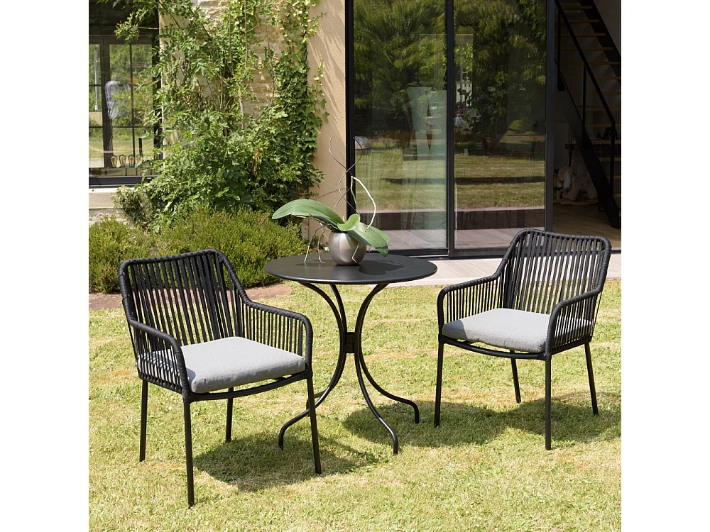 MALO - Ensemble de jardin - Table diam 70cm + 2 fauteuils gris/noirs