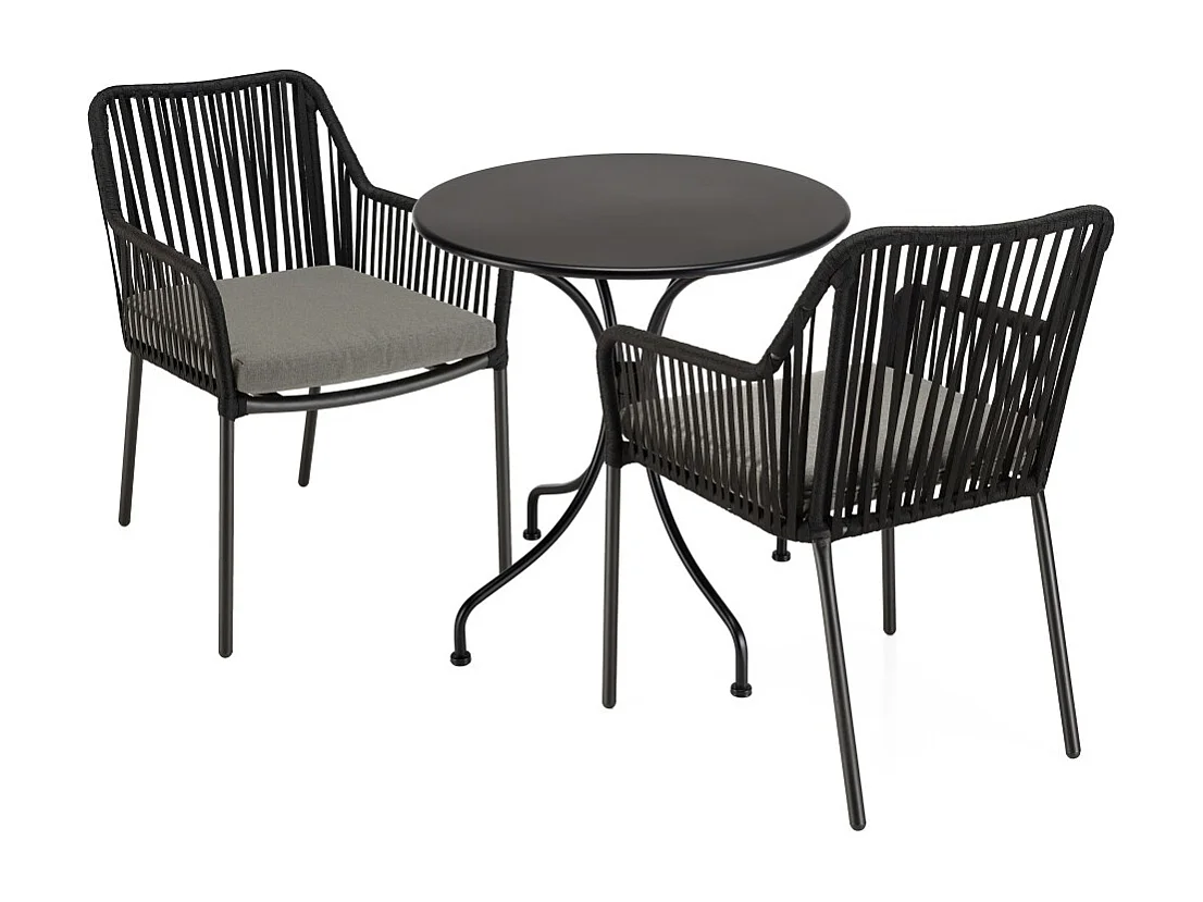 MALO - Ensemble de jardin - Table diam 70cm + 2 fauteuils gris/noirs