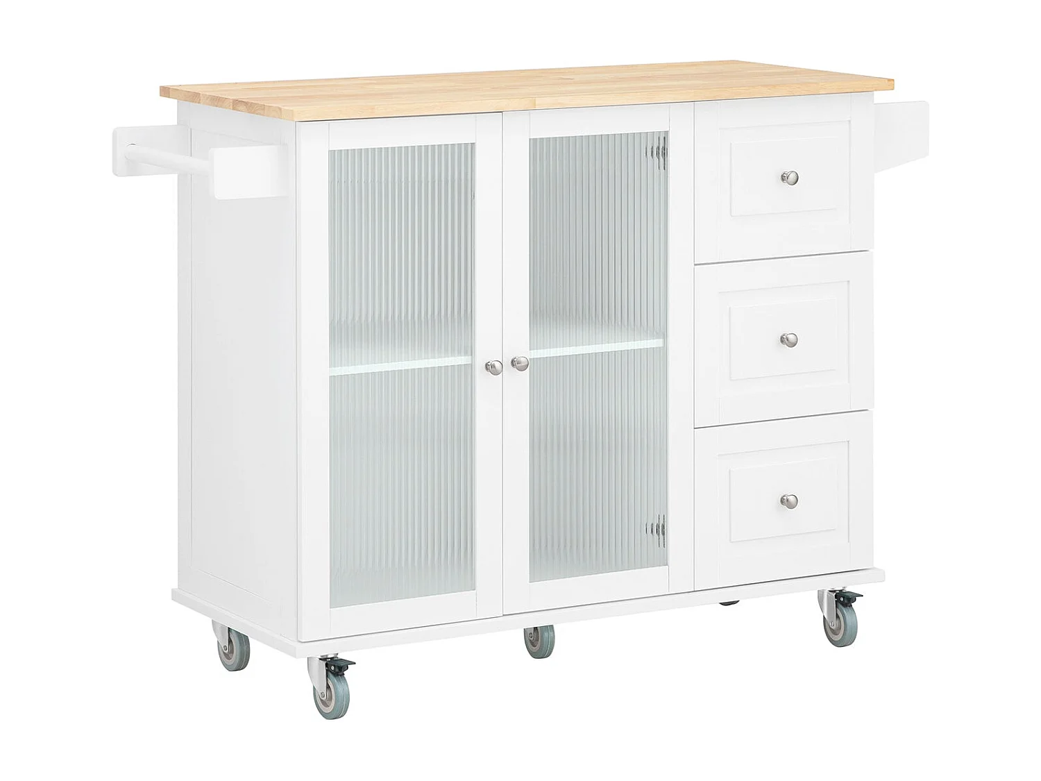 SoBuy Keukentrolley op wielen Keukeneiland Serveerwagen Buffetkast Keukenkast met 3 Laden, 2 Deuren, Kruidenrek en Handdoekenrek, 128x46x92 cm, FKW120-WN