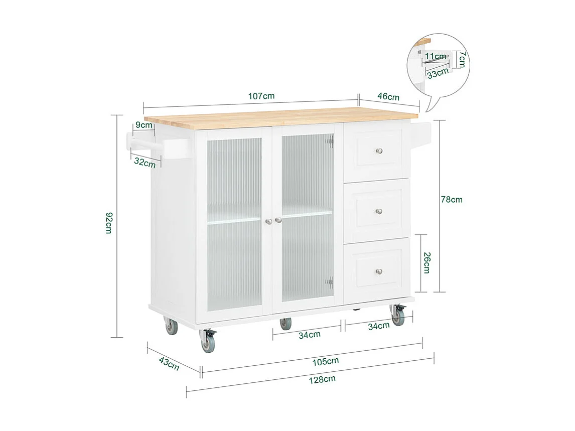 SoBuy Keukentrolley op wielen Keukeneiland Serveerwagen Buffetkast Keukenkast met 3 Laden, 2 Deuren, Kruidenrek en Handdoekenrek, 128x46x92 cm, FKW120-WN
