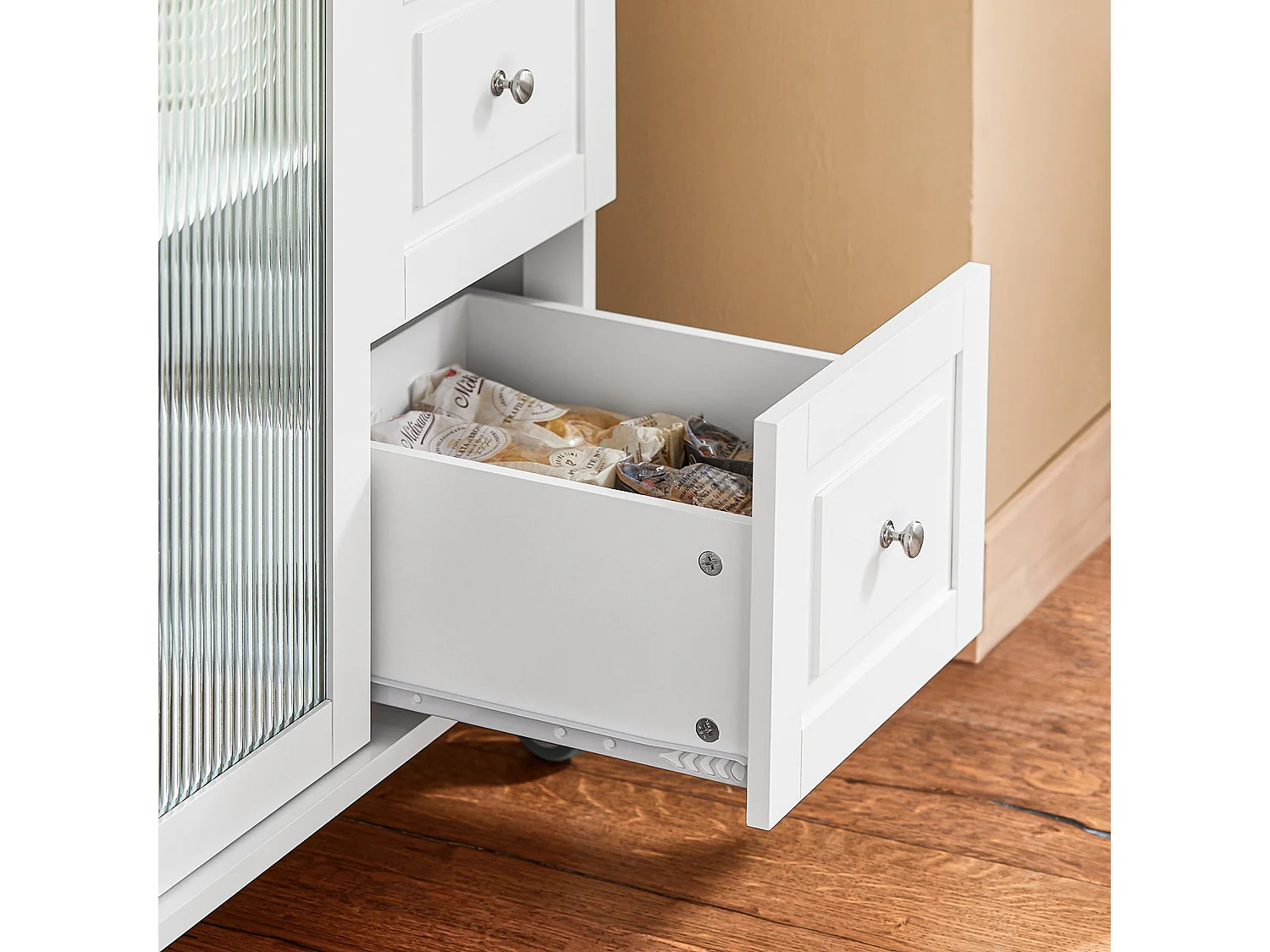 SoBuy Keukentrolley op wielen Keukeneiland Serveerwagen Buffetkast Keukenkast met 3 Laden, 2 Deuren, Kruidenrek en Handdoekenrek, 128x46x92 cm, FKW120-WN