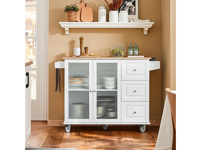 SoBuy Keukentrolley op wielen Keukeneiland Serveerwagen Buffetkast Keukenkast met 3 Laden, 2 Deuren, Kruidenrek en Handdoekenrek, 128x46x92 cm, FKW120-WN