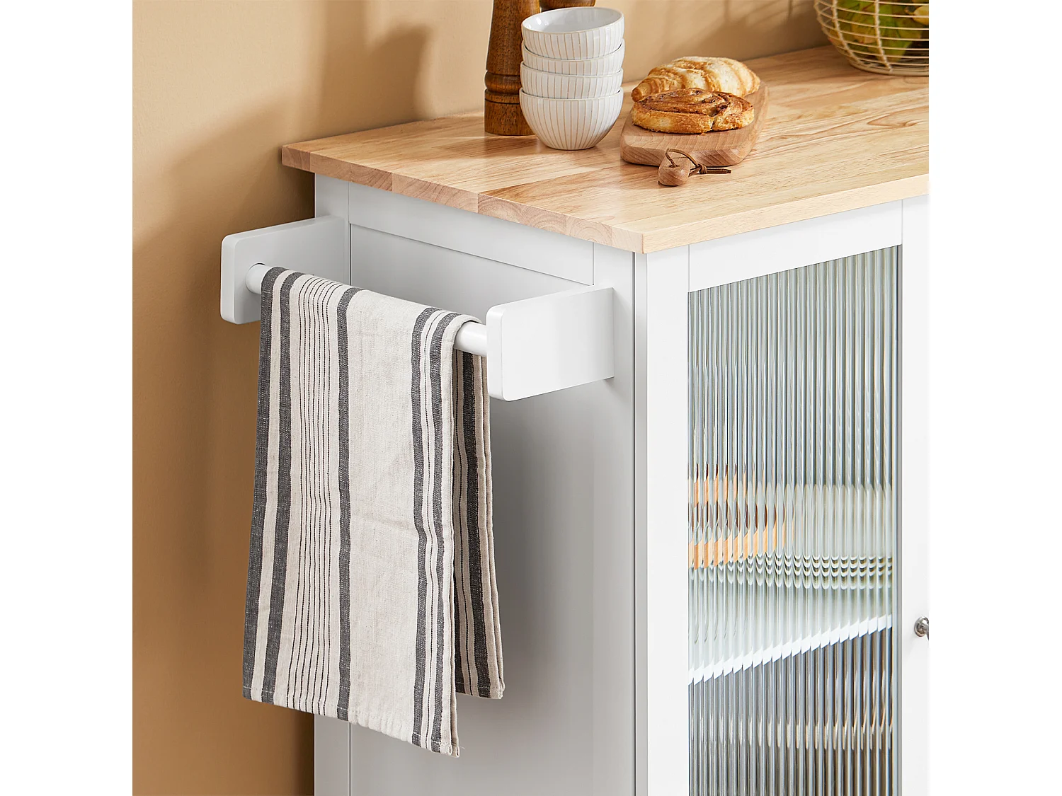 SoBuy Keukentrolley op wielen Keukeneiland Serveerwagen Buffetkast Keukenkast met 3 Laden, 2 Deuren, Kruidenrek en Handdoekenrek, 128x46x92 cm, FKW120-WN