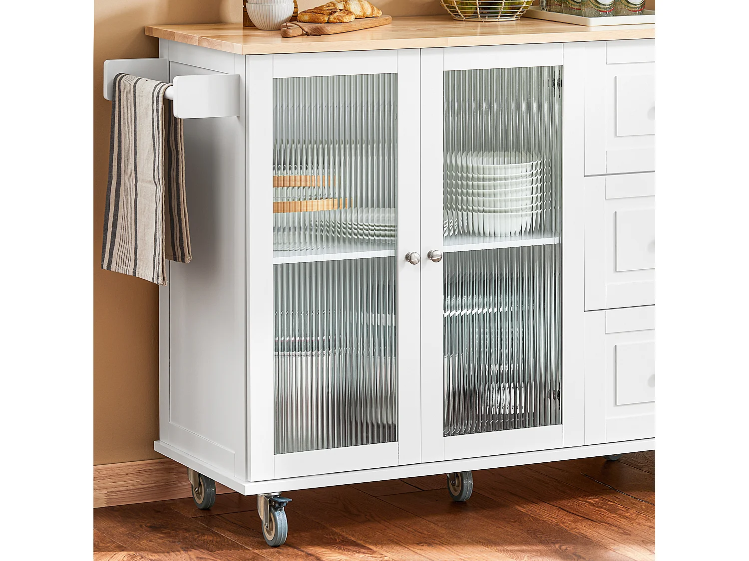 SoBuy Keukentrolley op wielen Keukeneiland Serveerwagen Buffetkast Keukenkast met 3 Laden, 2 Deuren, Kruidenrek en Handdoekenrek, 128x46x92 cm, FKW120-WN