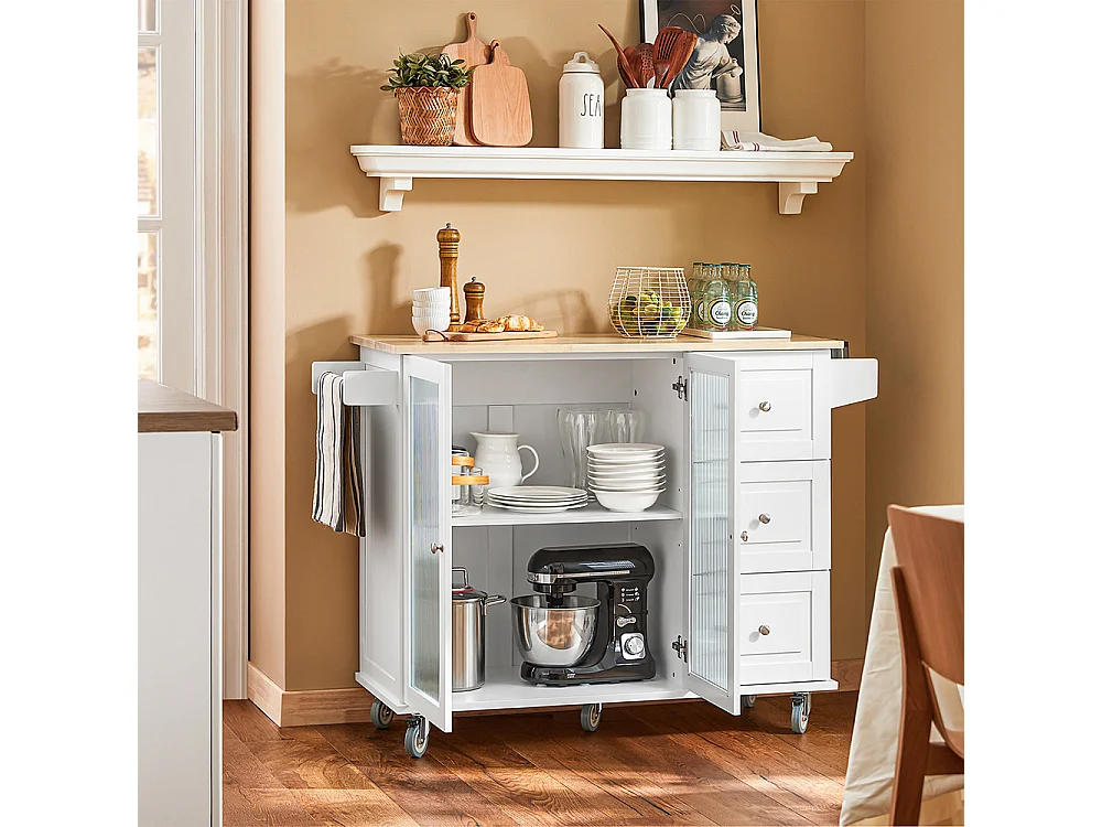 SoBuy Keukentrolley op wielen Keukeneiland Serveerwagen Buffetkast Keukenkast met 3 Laden, 2 Deuren, Kruidenrek en Handdoekenrek, 128x46x92 cm, FKW120-WN