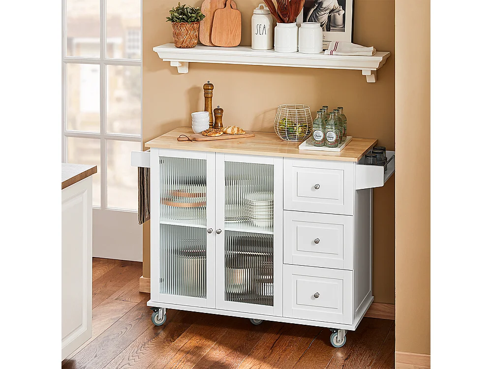 SoBuy Keukentrolley op wielen Keukeneiland Serveerwagen Buffetkast Keukenkast met 3 Laden, 2 Deuren, Kruidenrek en Handdoekenrek, 128x46x92 cm, FKW120-WN
