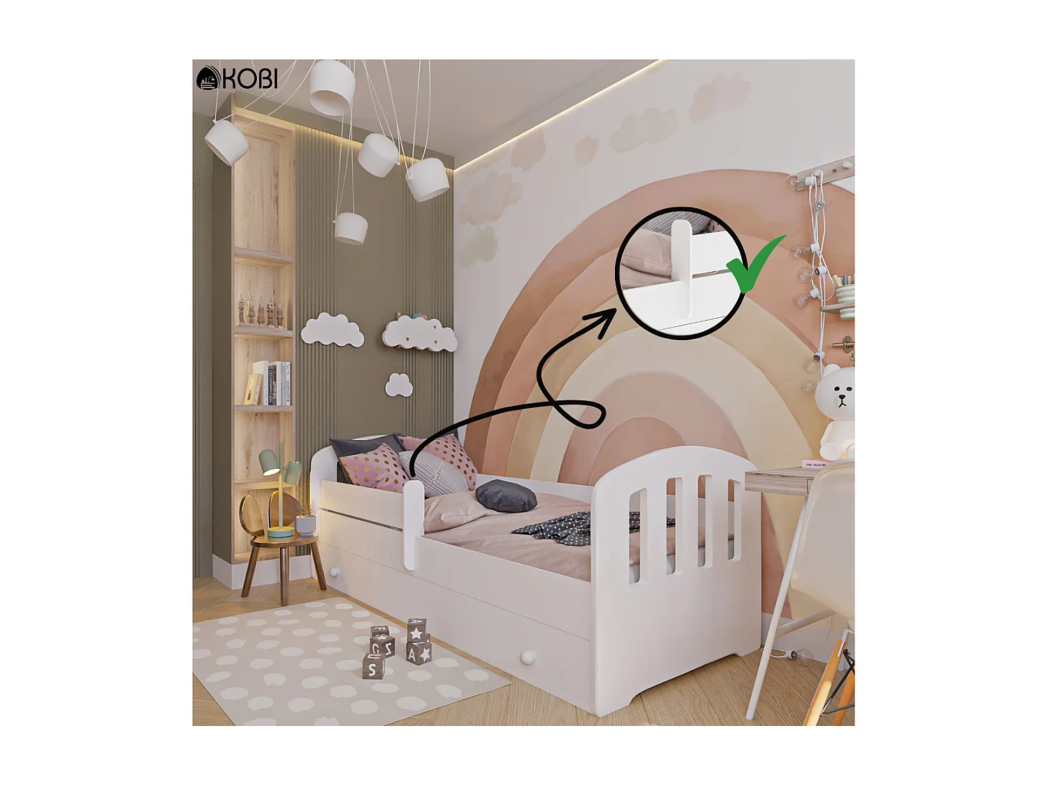 Cama Infantil com Colchão Felix Gaveta Barreira KOBI Branco (160x80cm)