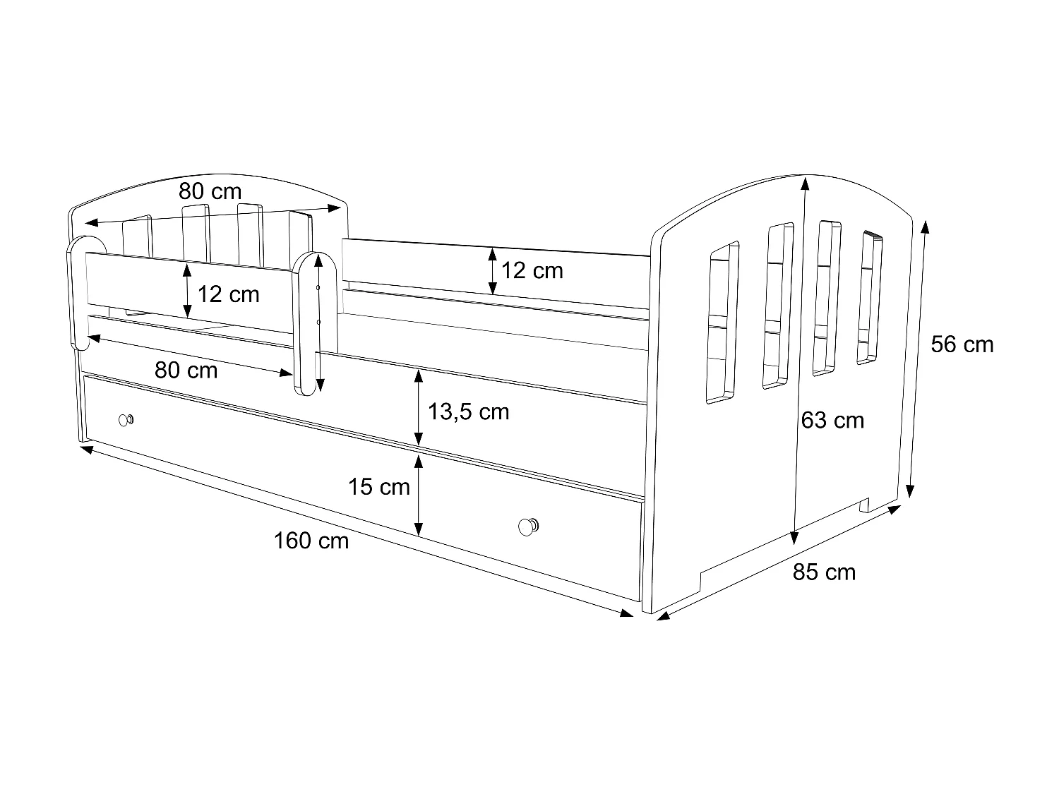 Cama Infantil com Colchão Felix Gaveta Barreira KOBI Branco (160x80cm)
