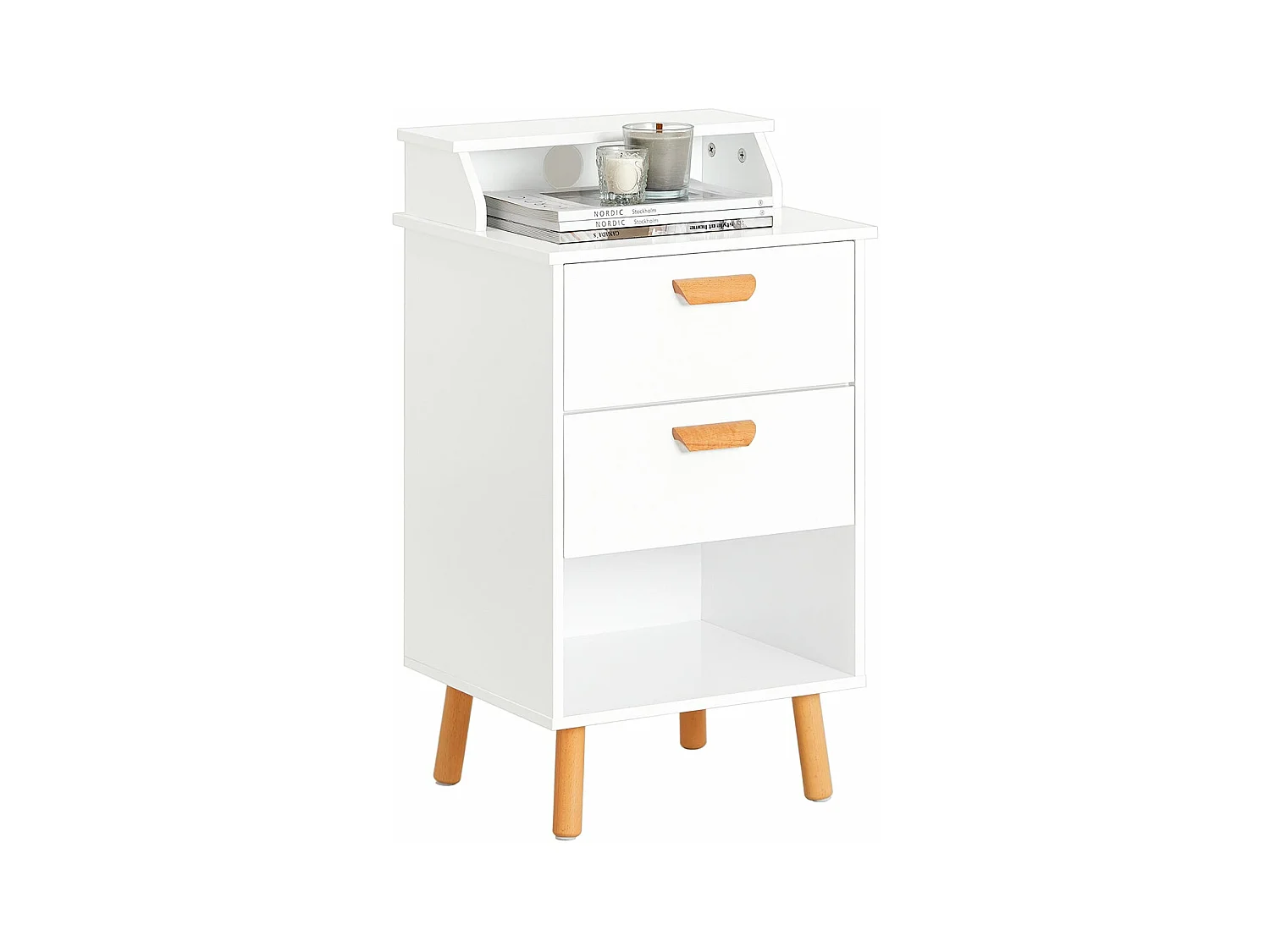 SoBuy FBT125-W Table de Chevet, Table de Nuit, Table d'Appoint, Bout de Canapé avec 1 Étagère, 2 Tiroirs et 1 Compartiment Ouvert