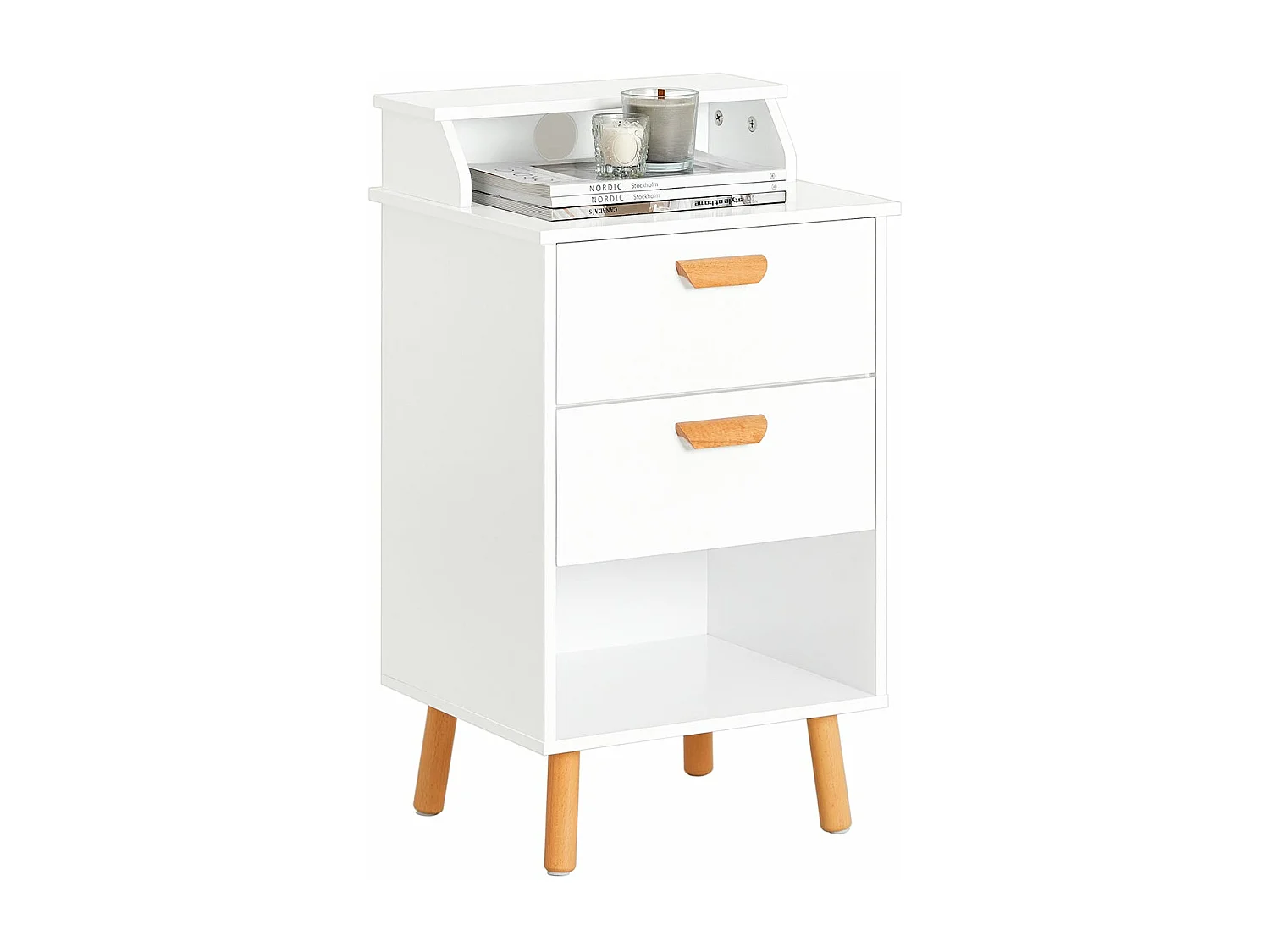 SoBuy FBT125-W Table de Chevet, Table de Nuit, Table d'Appoint, Bout de Canapé avec 1 Étagère, 2 Tiroirs et 1 Compartiment Ouvert