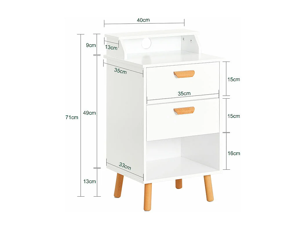 SoBuy FBT125-W Table de Chevet, Table de Nuit, Table d'Appoint, Bout de Canapé avec 1 Étagère, 2 Tiroirs et 1 Compartiment Ouvert