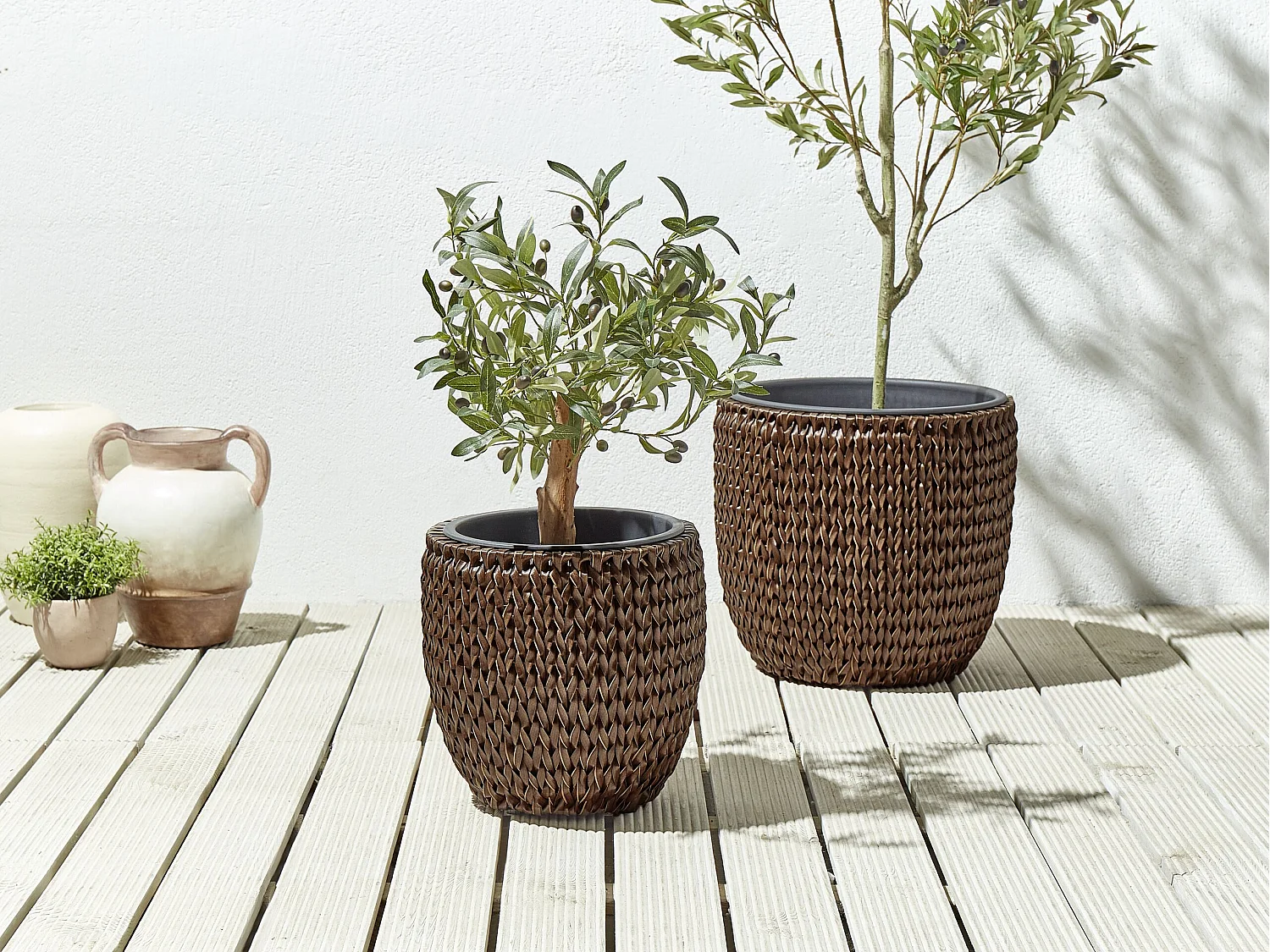 Lot de 3 pots de fleurs BERBERIS Polyrotin 34/45 cm Marron foncé