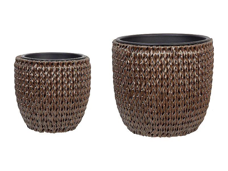 Blumentopf 2er Set Rattan braun rund Outdoor & Indoor mit Innentopf Berberis