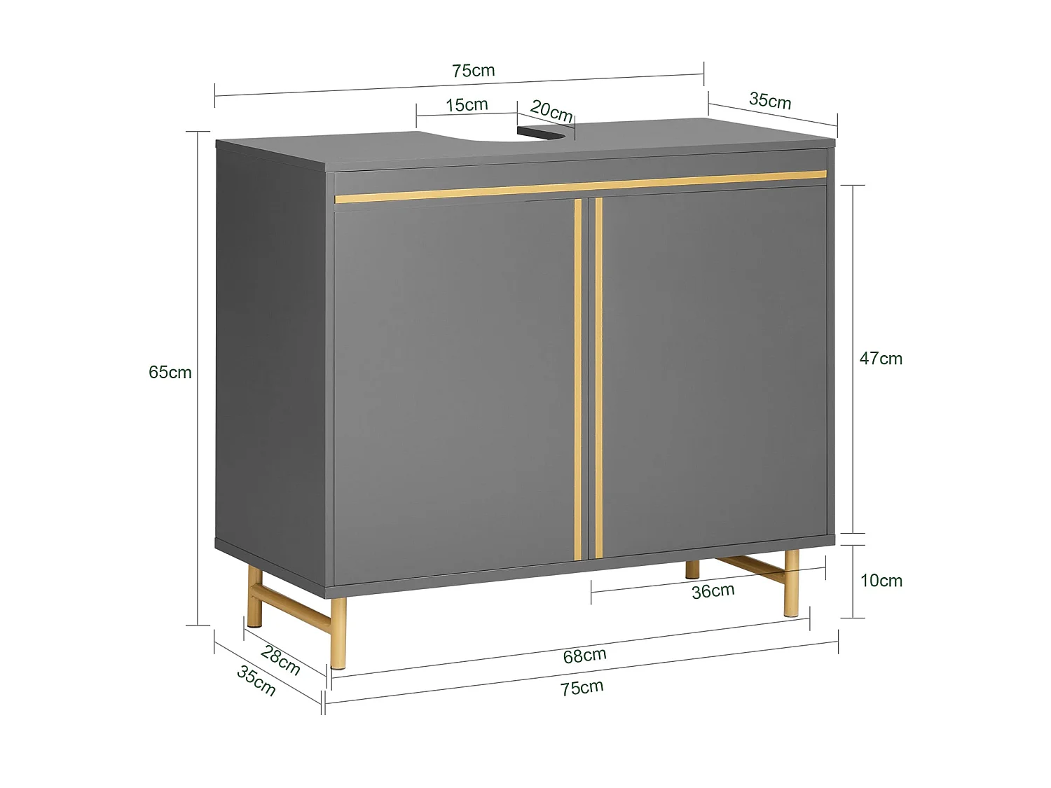 SoBuy BZR129-HG Meuble sous Lavabo, Meuble sous Vasque avec 2 Portes et 2 Étages, Meuble sur Pied de Salle de Bain, Placard Armoire