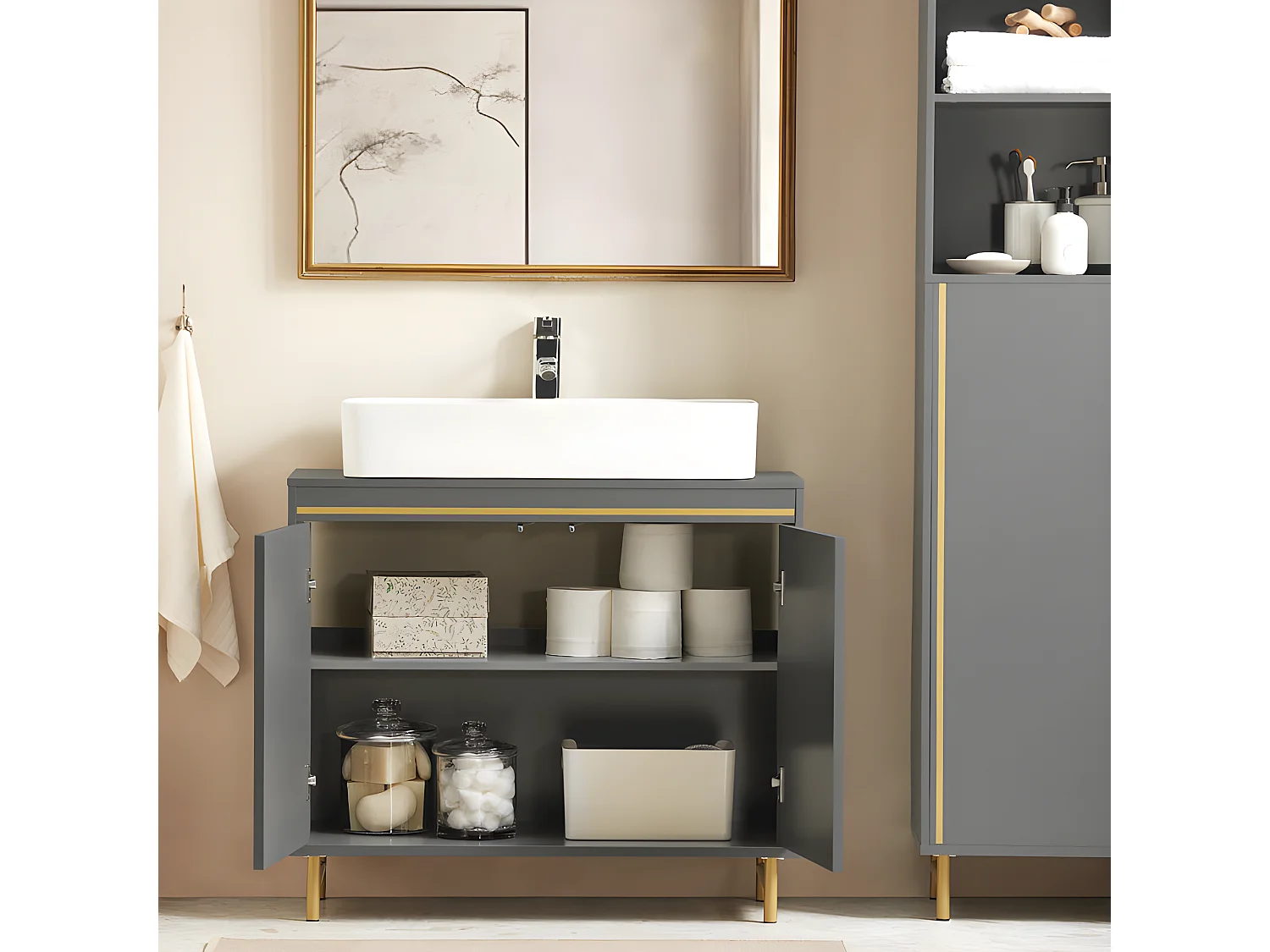 SoBuy BZR129-HG Meuble sous Lavabo, Meuble sous Vasque avec 2 Portes et 2 Étages, Meuble sur Pied de Salle de Bain, Placard Armoire