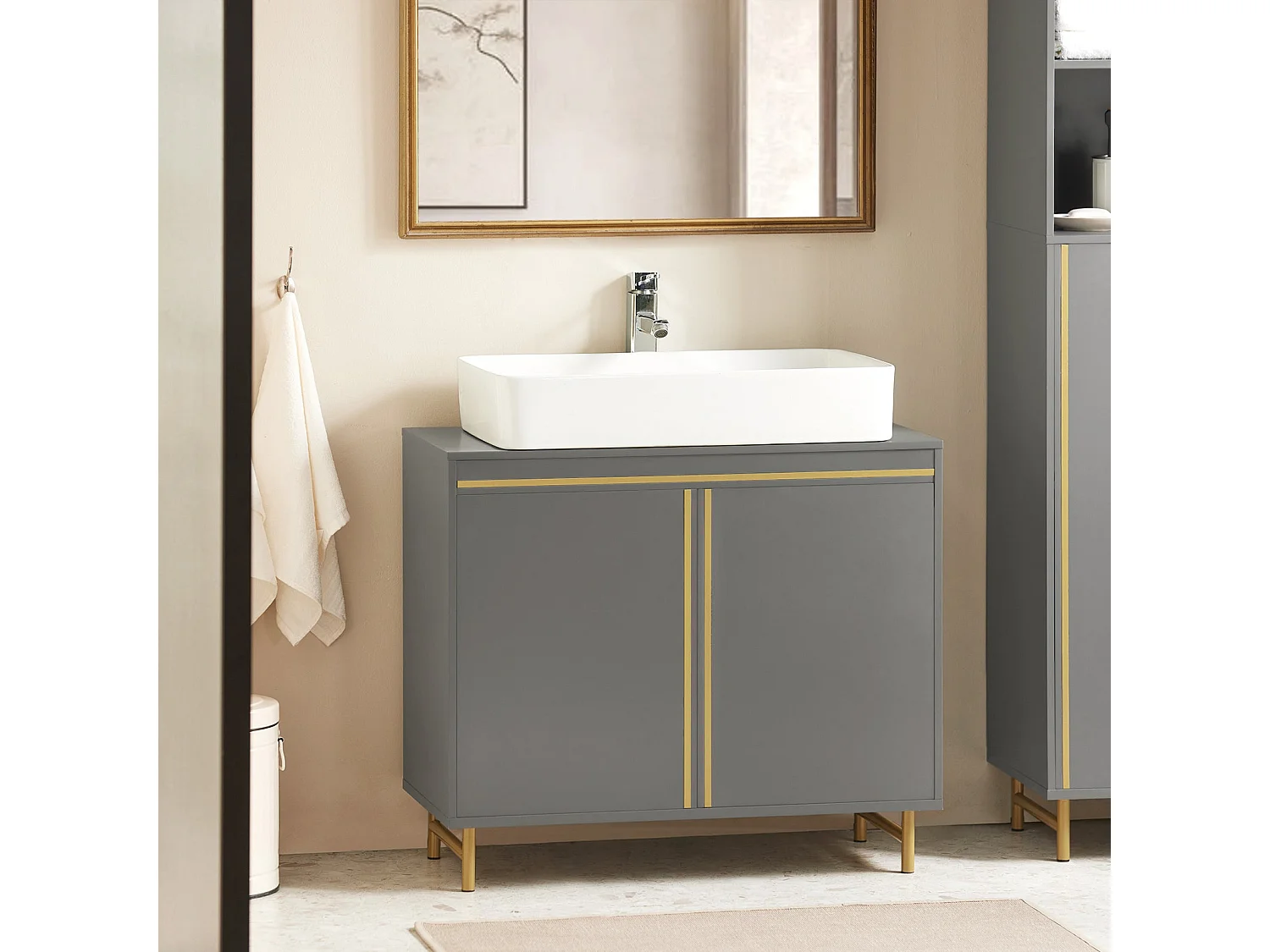 SoBuy BZR129-HG Meuble sous Lavabo, Meuble sous Vasque avec 2 Portes et 2 Étages, Meuble sur Pied de Salle de Bain, Placard Armoire