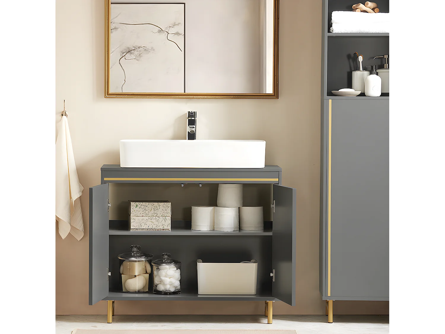 SoBuy BZR129-HG Meuble sous Lavabo, Meuble sous Vasque avec 2 Portes et 2 Étages, Meuble sur Pied de Salle de Bain, Placard Armoire