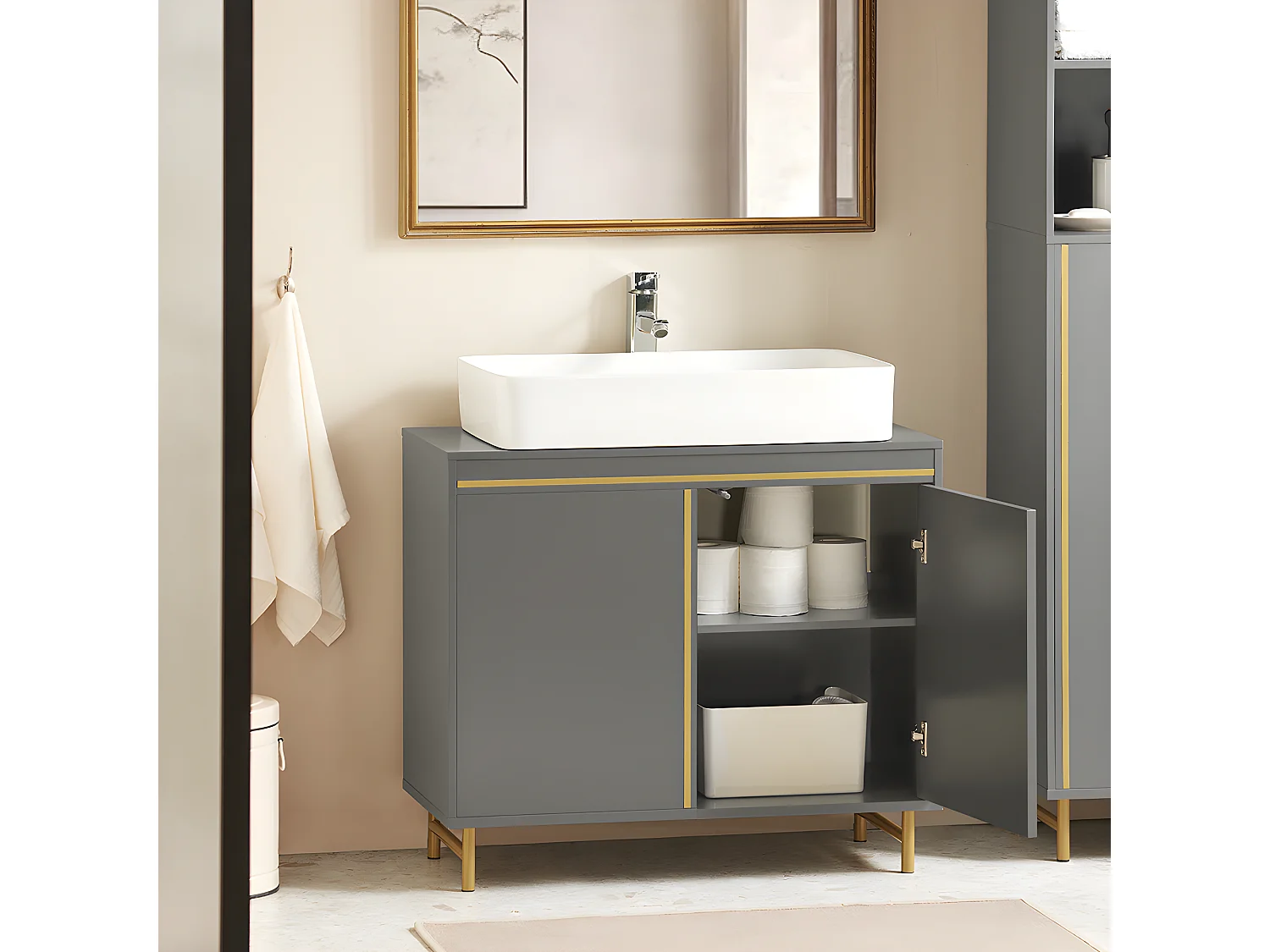 SoBuy BZR129-HG Meuble sous Lavabo, Meuble sous Vasque avec 2 Portes et 2 Étages, Meuble sur Pied de Salle de Bain, Placard Armoire