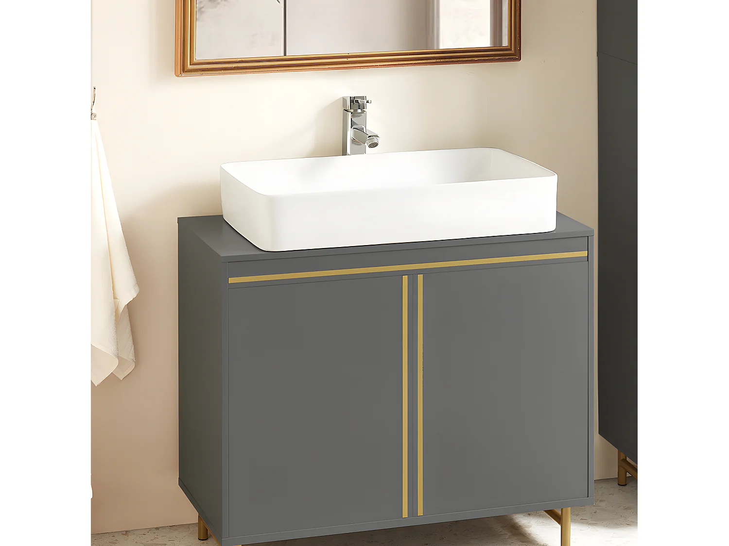 SoBuy BZR129-HG Meuble sous Lavabo, Meuble sous Vasque avec 2 Portes et 2 Étages, Meuble sur Pied de Salle de Bain, Placard Armoire
