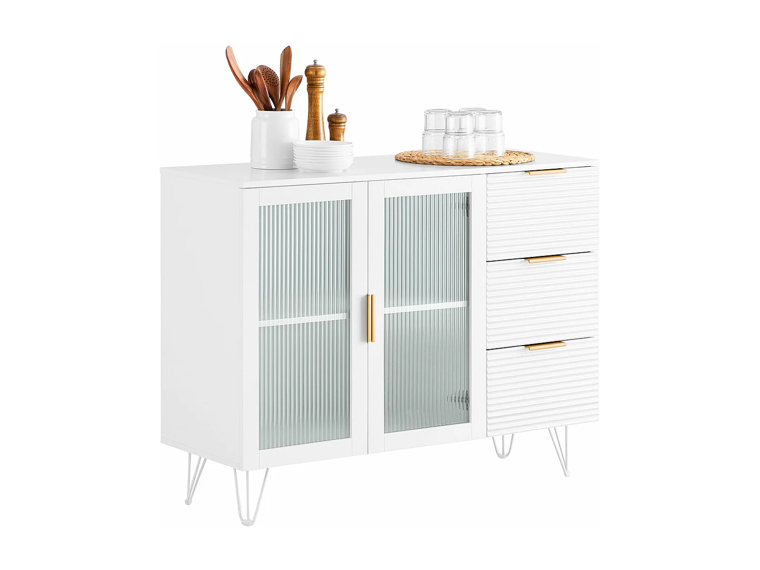 SoBuy FSB86-W Buffet Bas, Commode Armoire de Rangement, Buffet Bahut Placard, 3 Tiroirs et 2 Portes Vitrées
