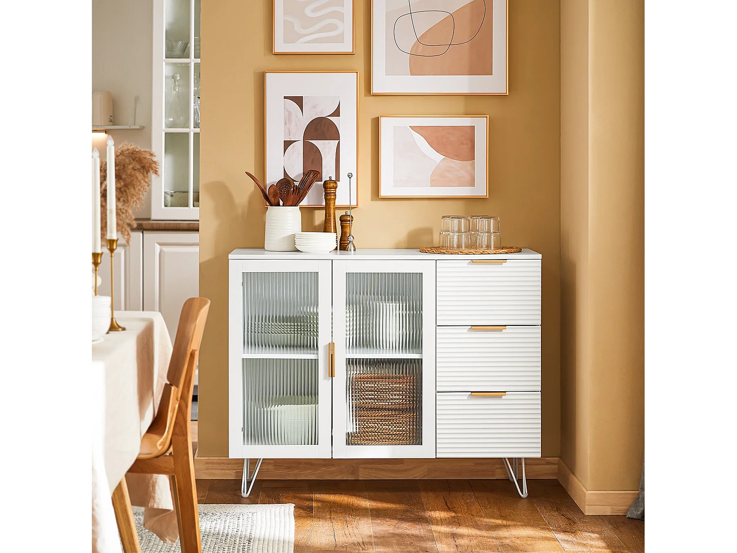 SoBuy FSB86-W Buffet Bas, Commode Armoire de Rangement, Buffet Bahut Placard, 3 Tiroirs et 2 Portes Vitrées