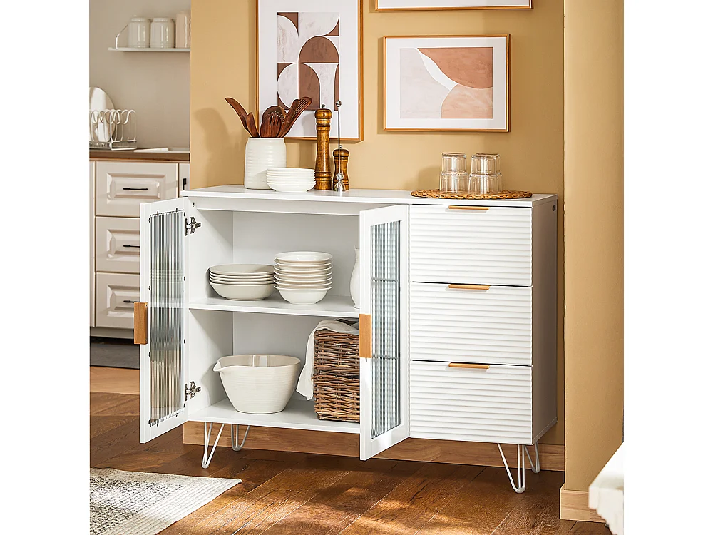 SoBuy FSB86-W Buffet Bas, Commode Armoire de Rangement, Buffet Bahut Placard, 3 Tiroirs et 2 Portes Vitrées