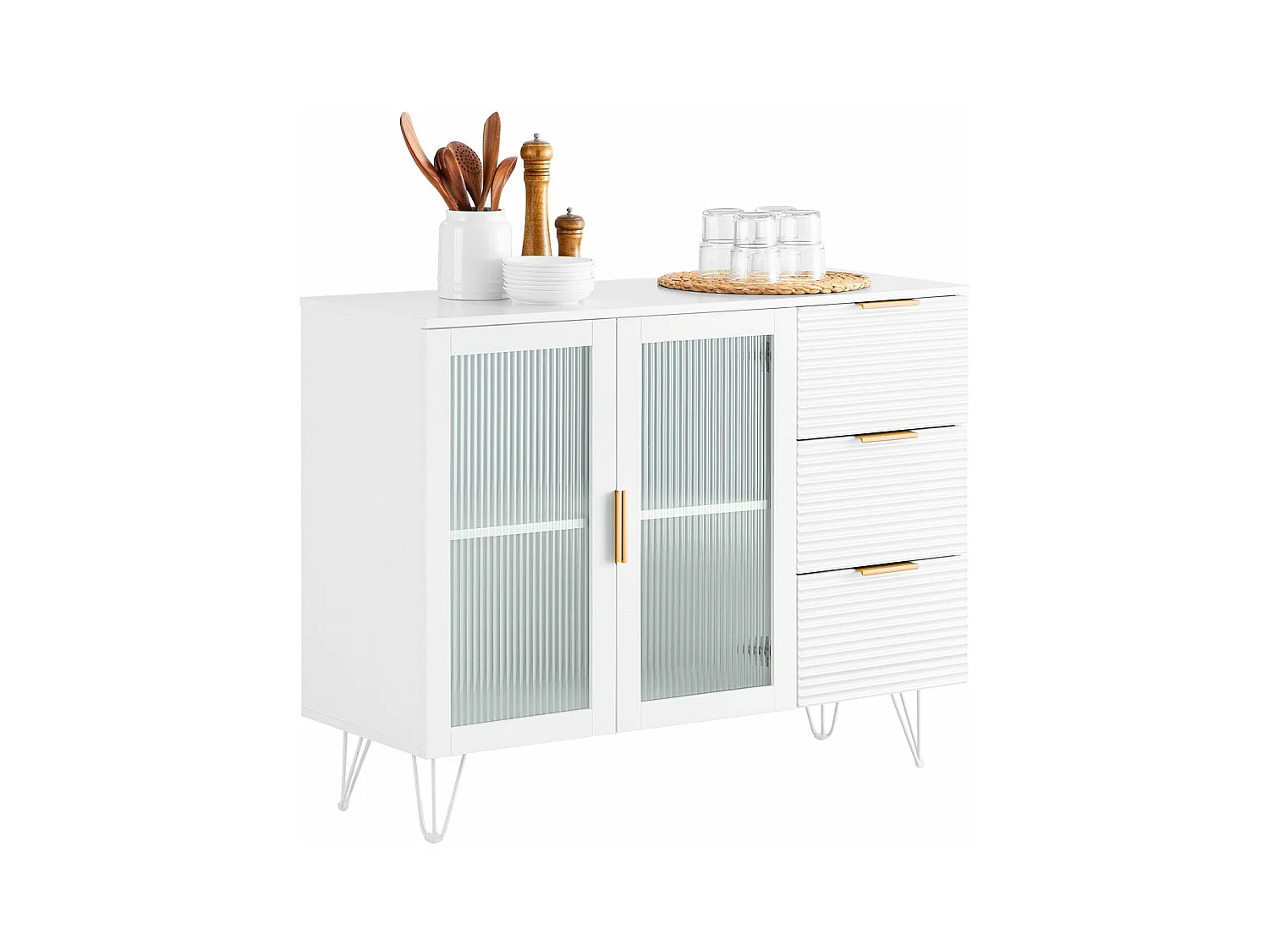SoBuy FSB86-W Buffet Bas, Commode Armoire de Rangement, Buffet Bahut Placard, 3 Tiroirs et 2 Portes Vitrées