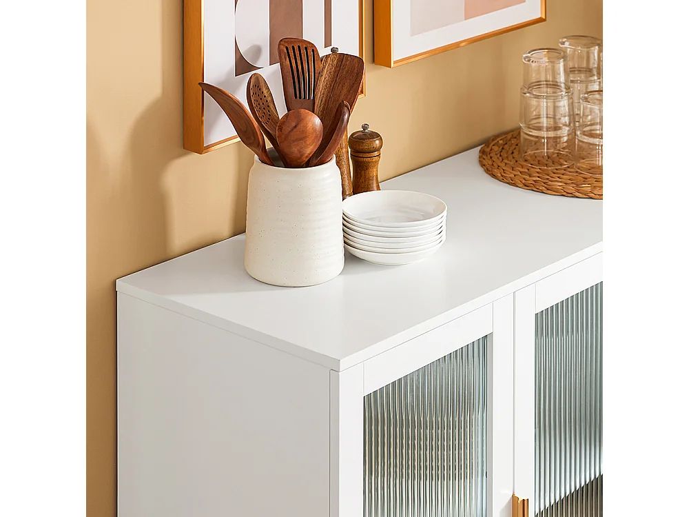 SoBuy FSB86-W Buffet Bas, Commode Armoire de Rangement, Buffet Bahut Placard, 3 Tiroirs et 2 Portes Vitrées