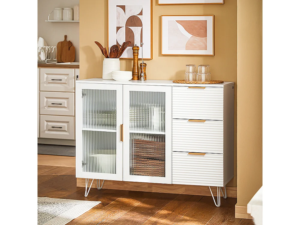 SoBuy FSB86-W Buffet Bas, Commode Armoire de Rangement, Buffet Bahut Placard, 3 Tiroirs et 2 Portes Vitrées