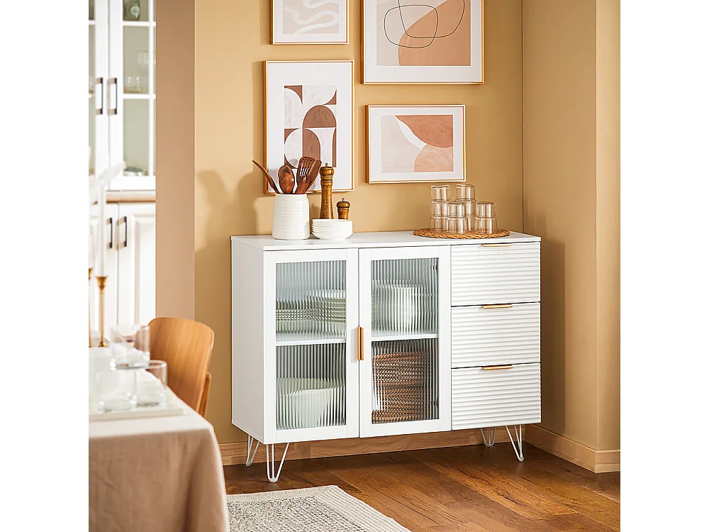 SoBuy FSB86-W Buffet Bas, Commode Armoire de Rangement, Buffet Bahut Placard, 3 Tiroirs et 2 Portes Vitrées