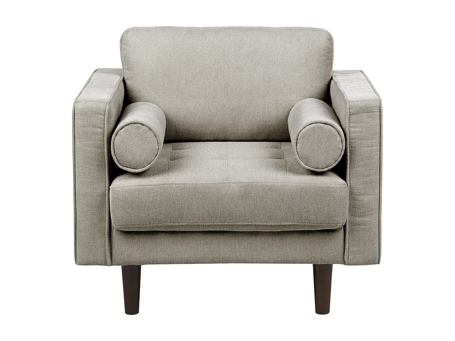 Sessel Stoffbezug taupe Holzbeine dicke Sitzkissen schmale Armlehnen Retro Nurmo