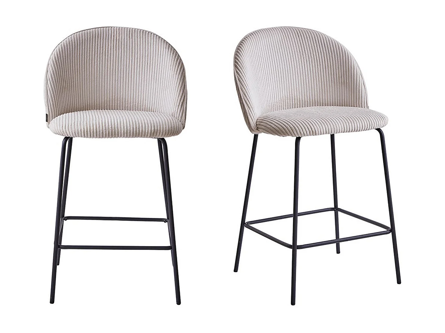 Lot de 2 tabourets de bar en velours côtelé beige, piètement noir - Alta