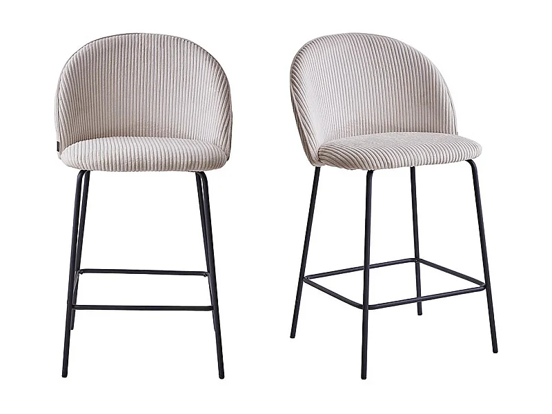 Lot de 2 tabourets de bar en velours côtelé beige, piètement noir - Alta
