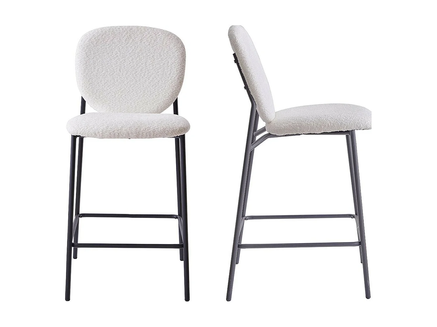 Lot de 2 tabourets de bar en tissu bouclette écru, piètement métal noir - Betty