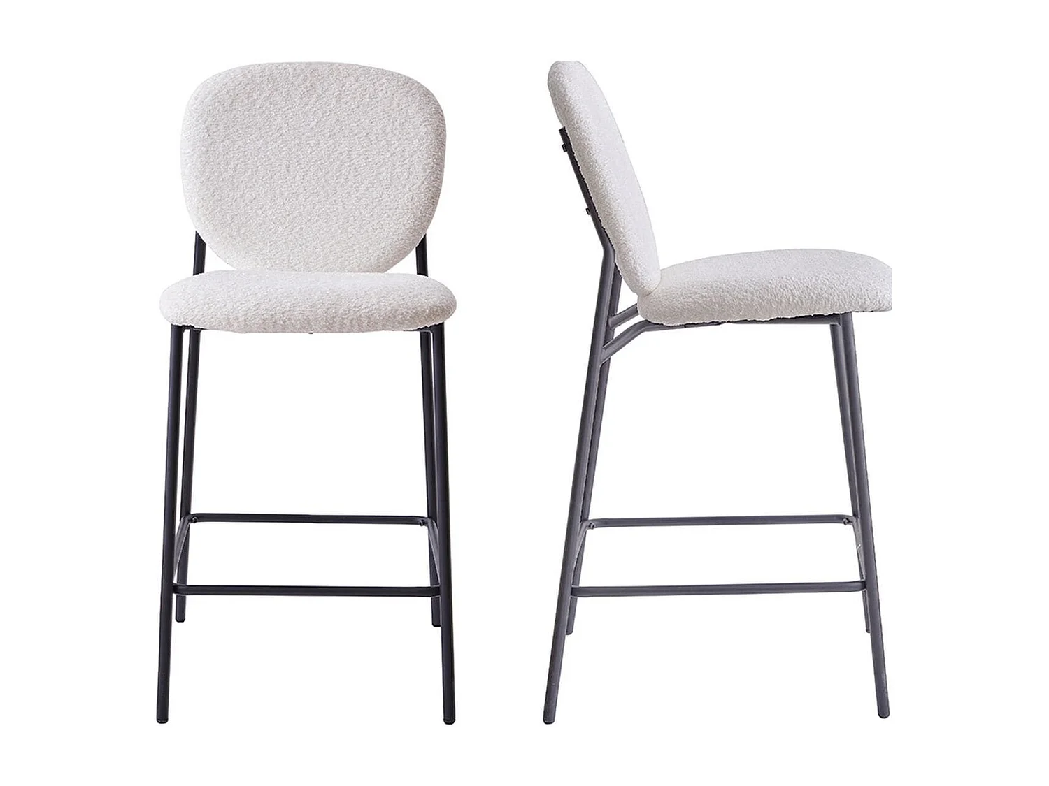 Lot de 2 tabourets de bar en tissu bouclette écru, piètement métal noir - Betty