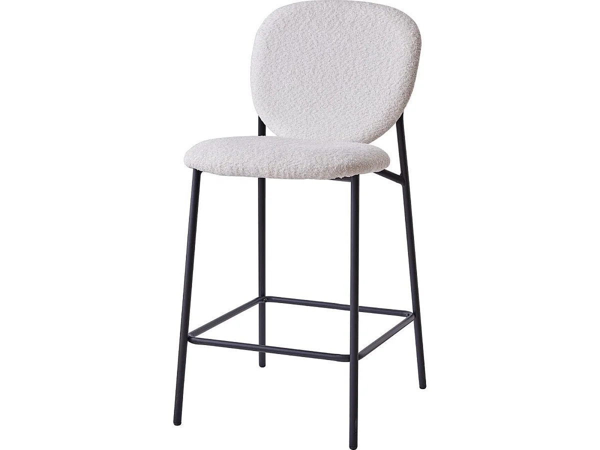 Lot de 2 tabourets de bar en tissu bouclette écru, piètement métal noir - Betty