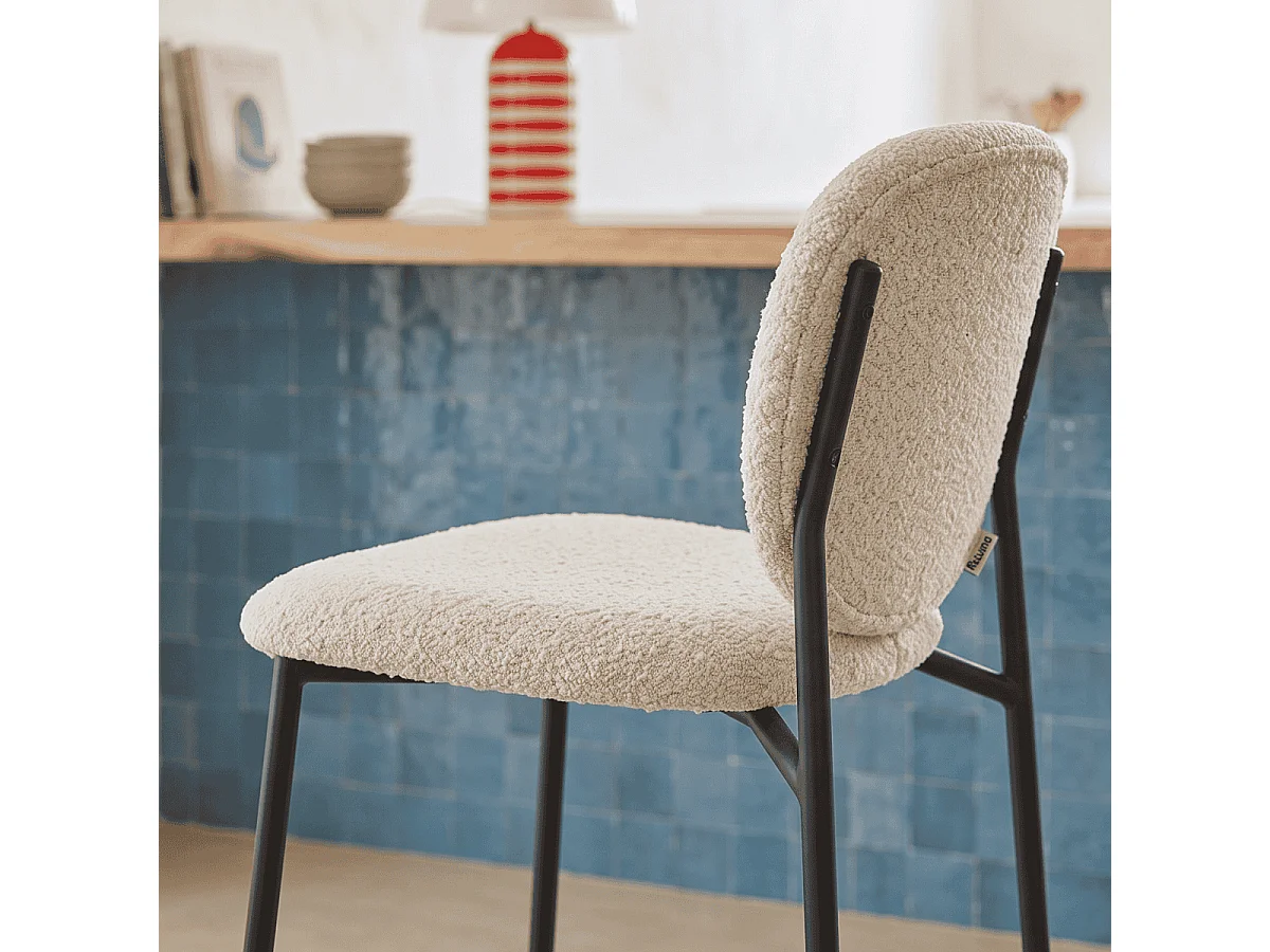 Lot de 2 tabourets de bar en tissu bouclette écru, piètement métal noir - Betty