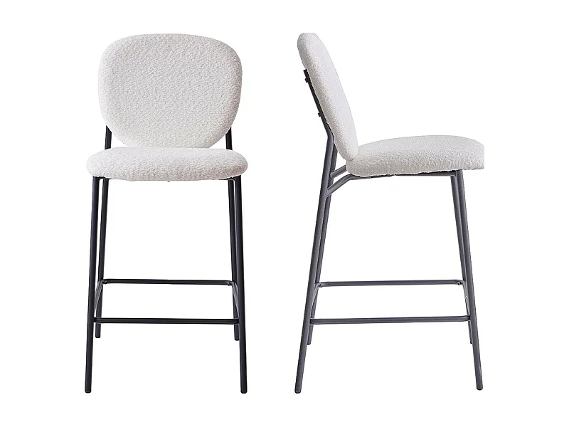 Lot de 2 tabourets de bar en tissu bouclette écru, piètement métal noir - Betty