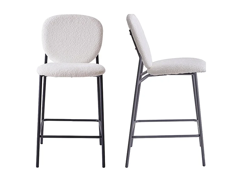Lot de 2 tabourets de bar en tissu bouclette écru, piètement métal noir - Betty