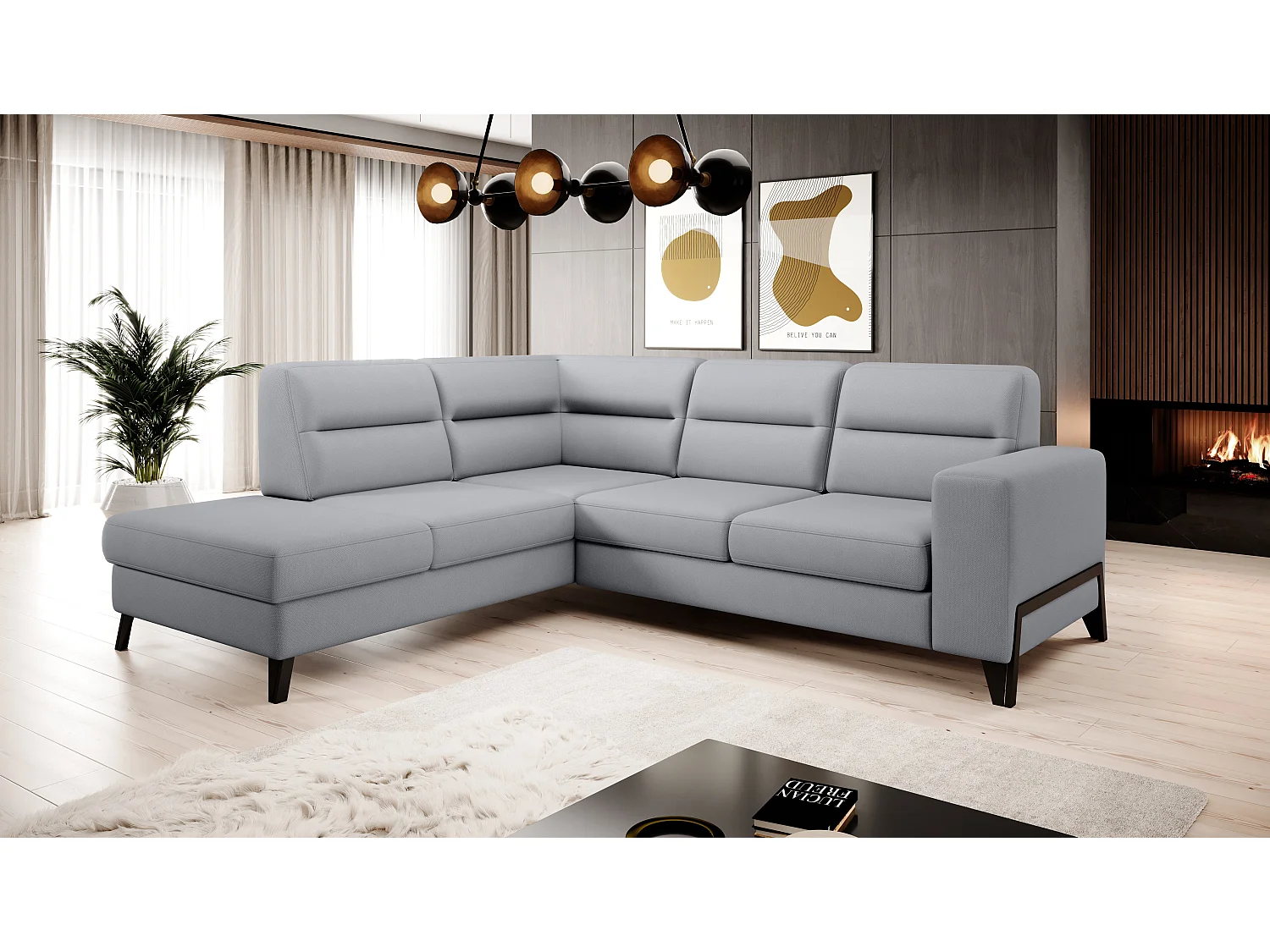 Canapé angle gauche convertible tissu gris clair et pieds acier noir Kassidi 277cm