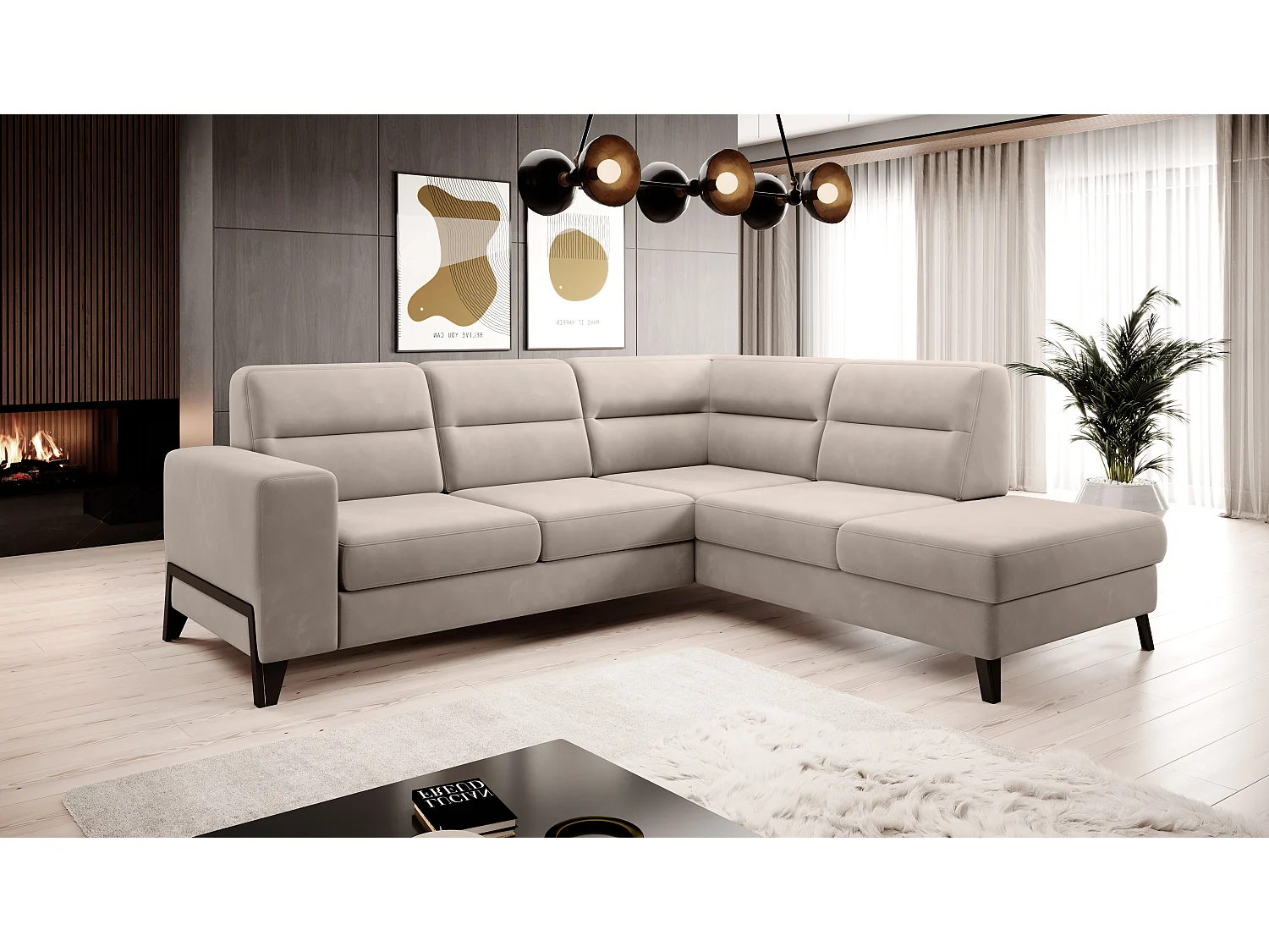 Canapé angle droit convertible velours beige clair et pieds acier noir Kassidi 277cm