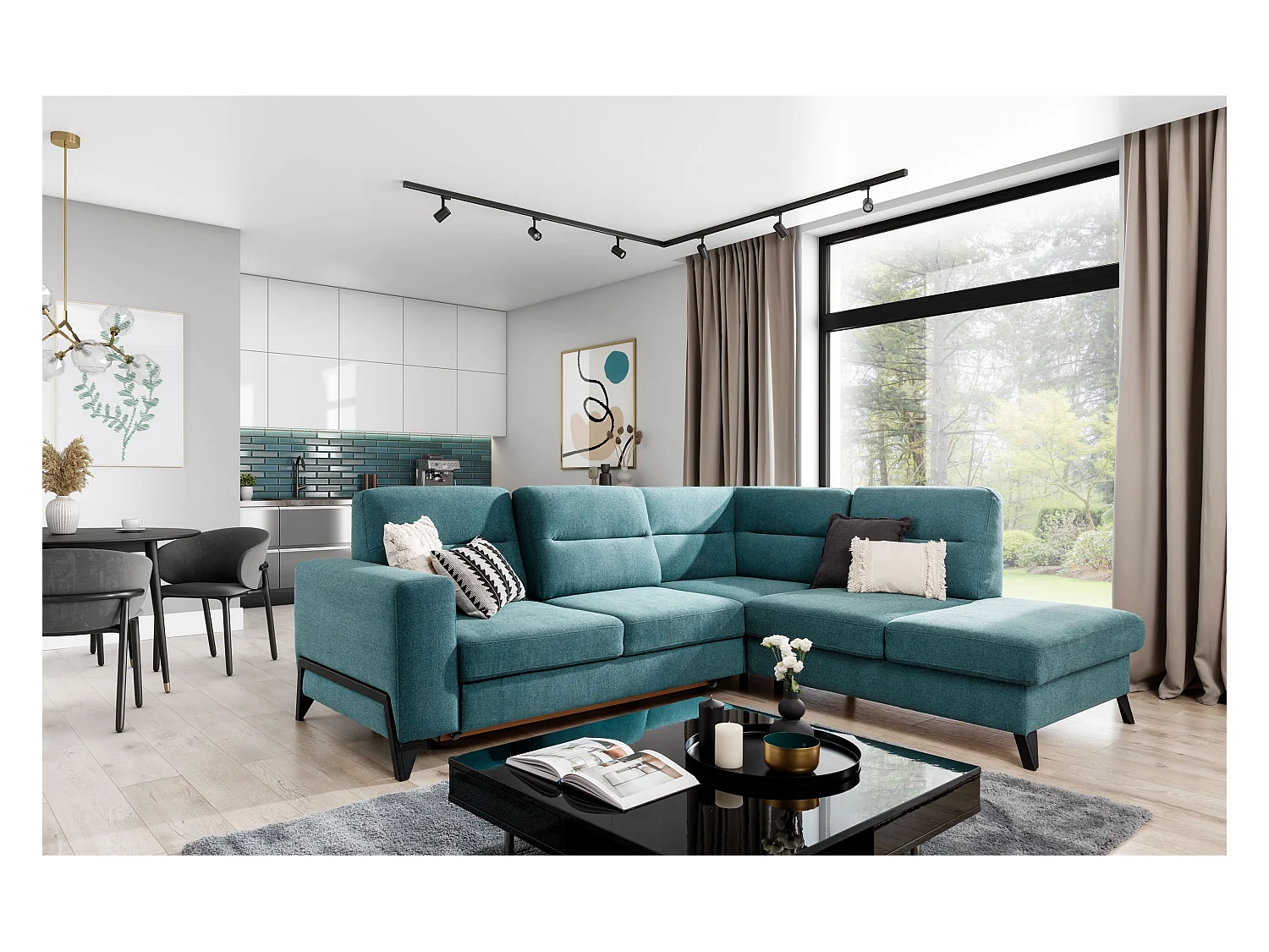 Converteerbare hoekbank rechts in lichtbeige fluweel en zwarte stalen poten Kassidi 277 cm