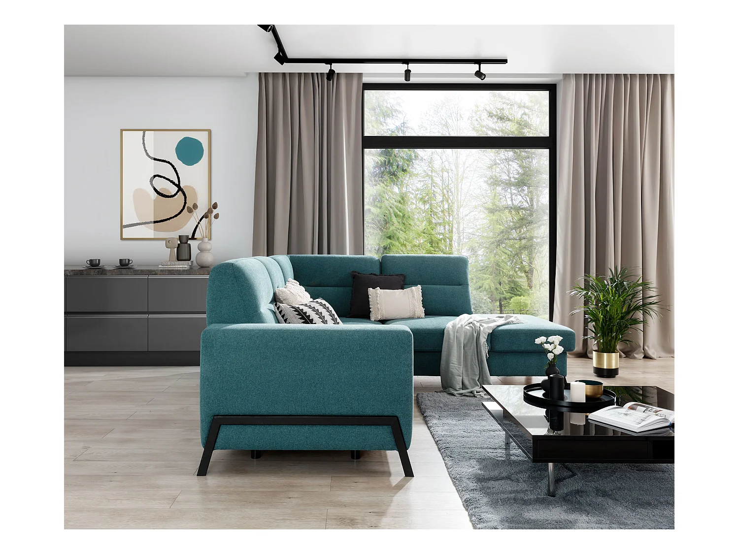 Converteerbare hoekbank rechts in lichtbeige fluweel en zwarte stalen poten Kassidi 277 cm