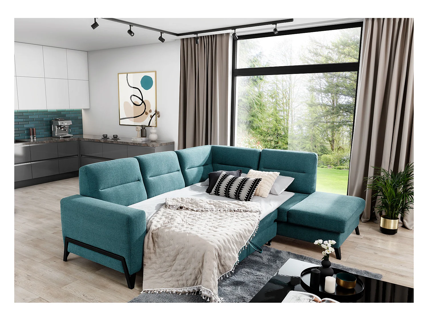 Converteerbare hoekbank rechts in lichtbeige fluweel en zwarte stalen poten Kassidi 277 cm