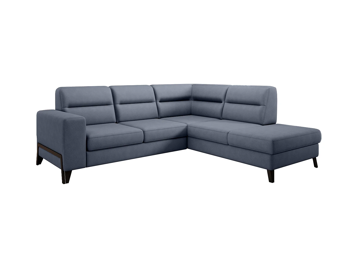 Canapé angle droit convertible tissu bleu lavande et pieds acier noir Kassidi 277cm
