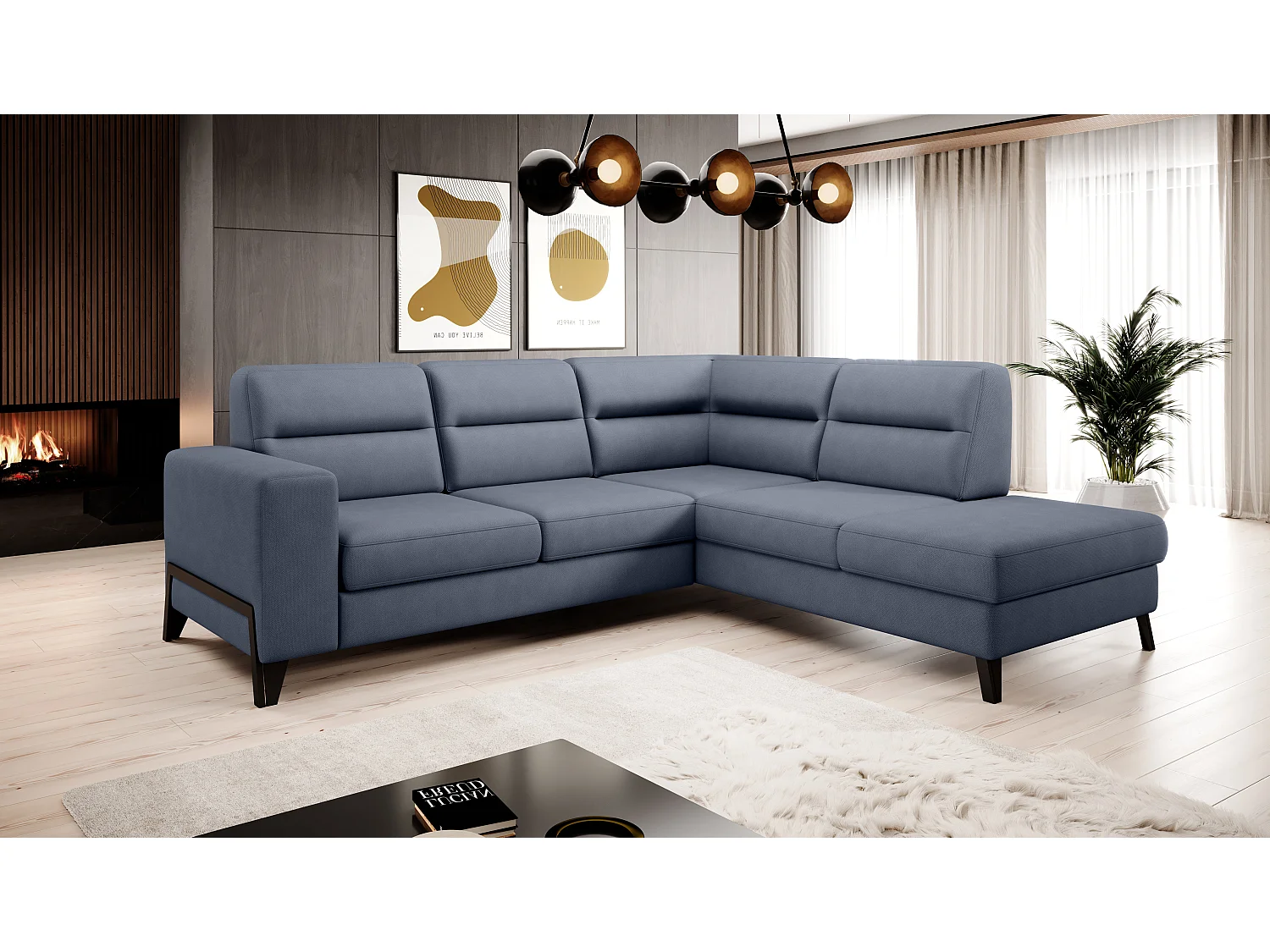 Canapé angle droit convertible tissu bleu lavande et pieds acier noir Kassidi 277cm